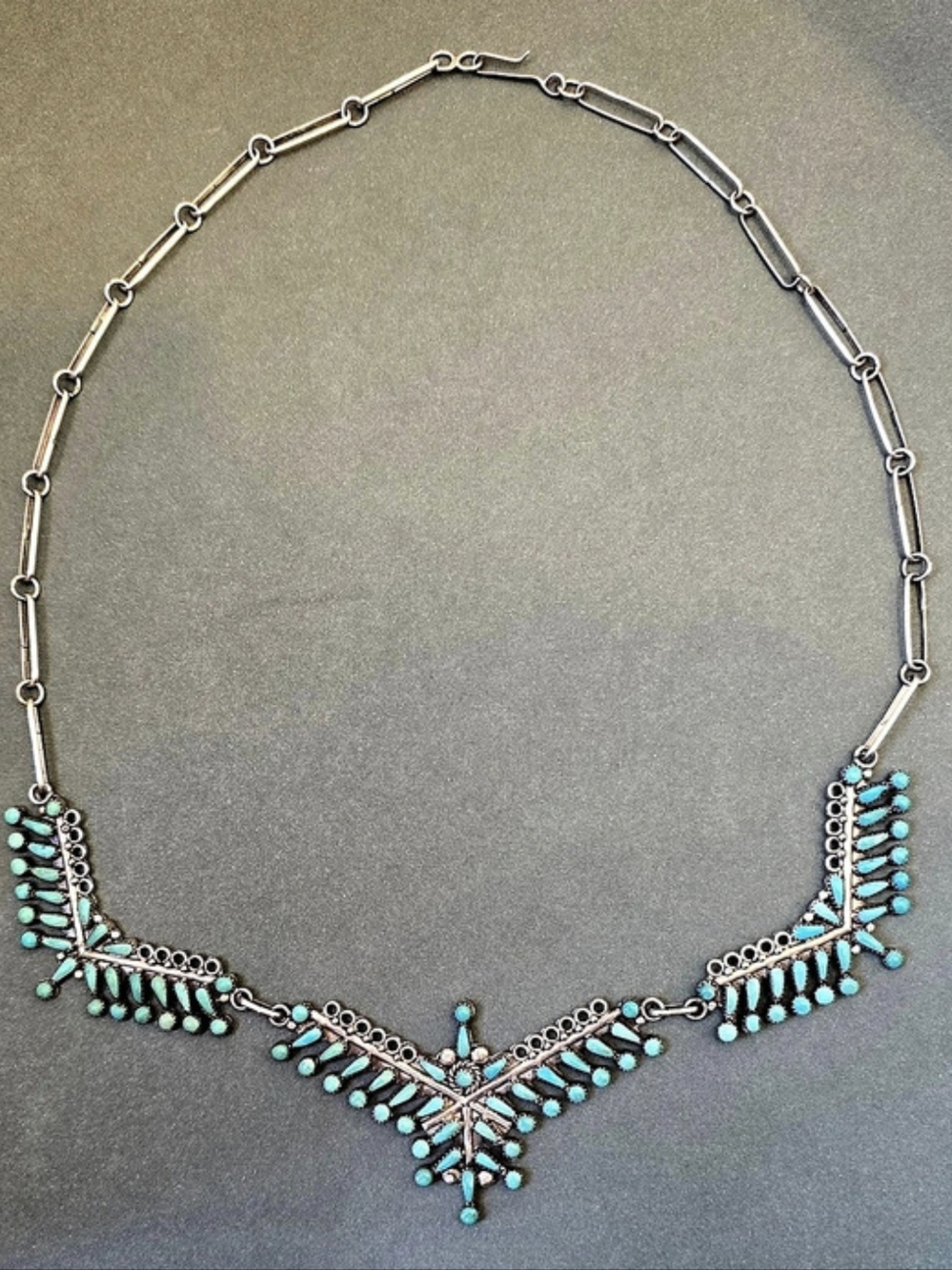 Vintage Zuni Sterlin Turquoise Cluster Needlepoint Statement Necklace